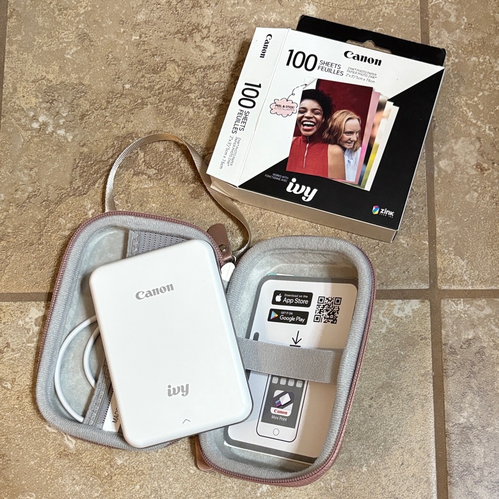 Canon Ivy White Portable Printer with Case and Paper